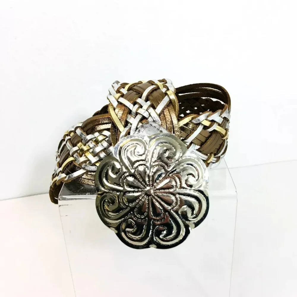 Metallic Silver Gold Braided Leather Sz S Belt 36” Large Metal Medallion Closure